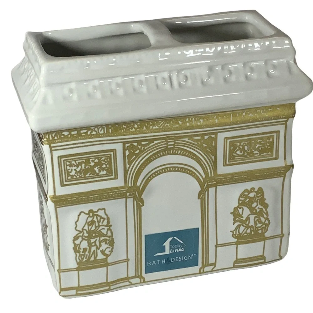 Paris Toothbrush Holder Arc de Triomphe Parisian French Ceramic Decor White Gold